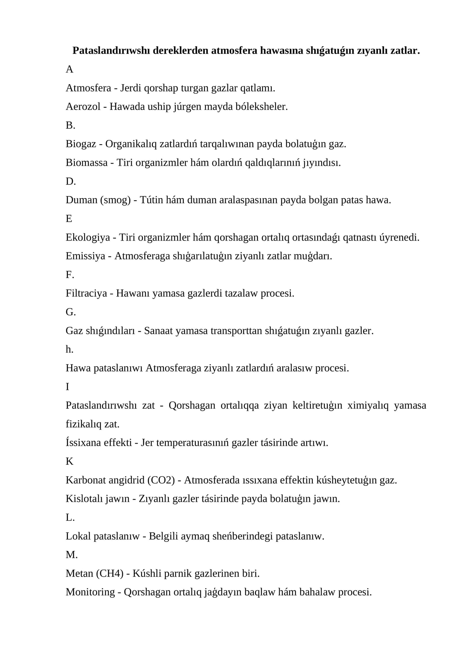 Pataslandırıwshı dereklerden atmosfera hawasına shıǵatuǵın zıyanlı zatlar 1