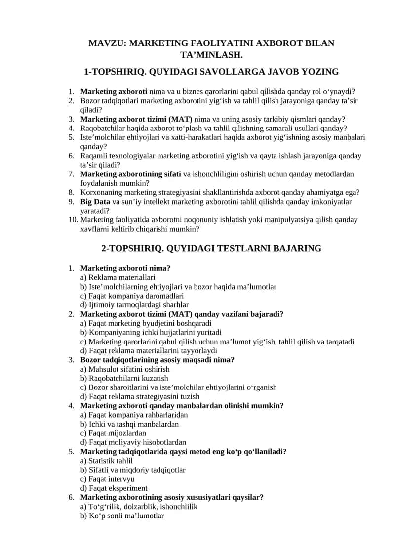 MARKETING FAOLIYATINI AXBOROT BILAN TA’MINLASH 1