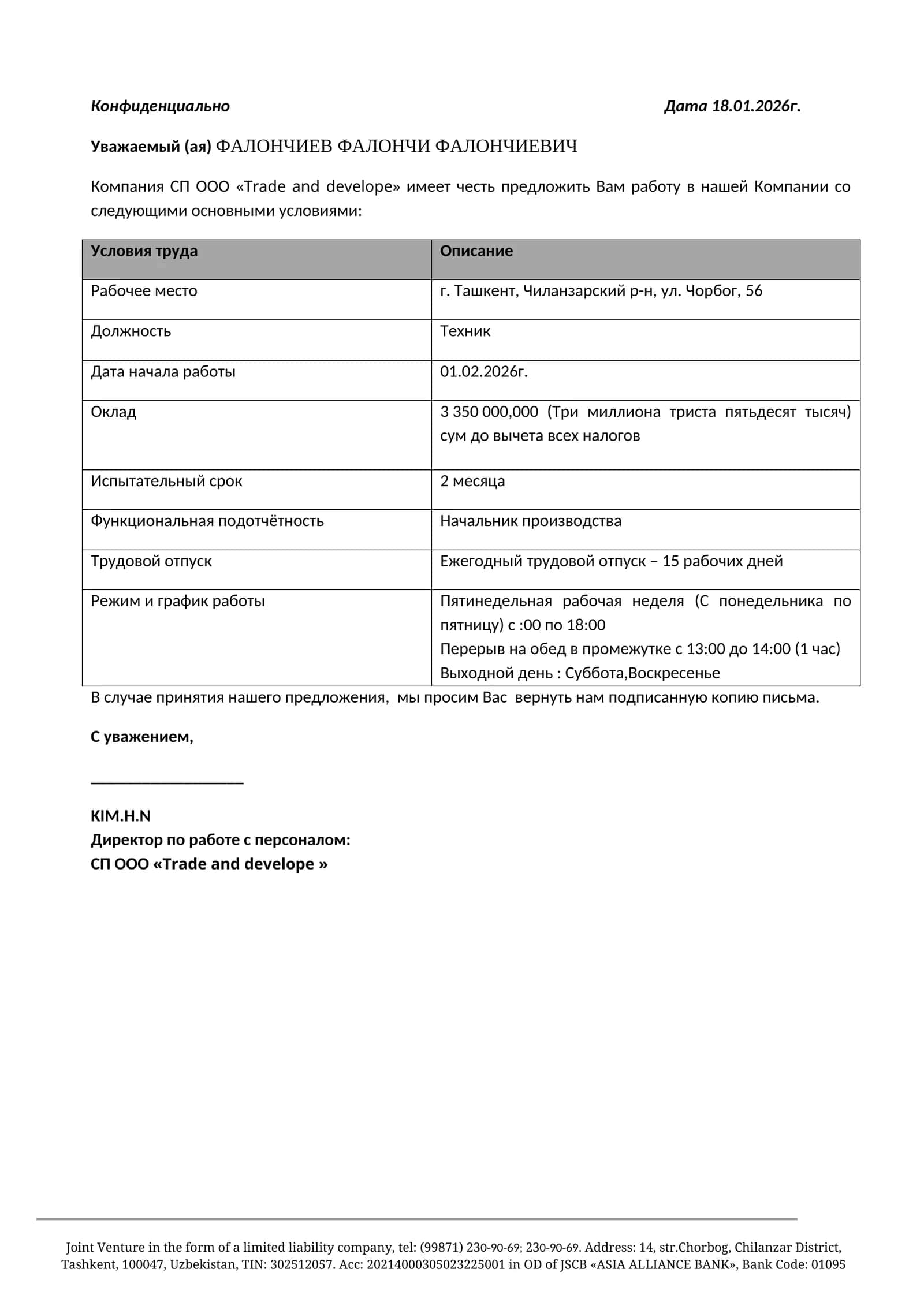 Job offer, ishga taklif matni rus tilida 1