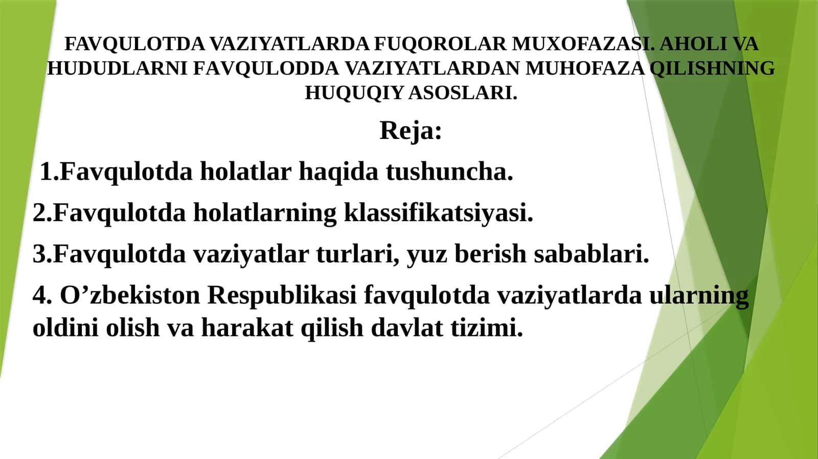 FAVQULOTDA VAZIYATLARDA FUQOROLAR MUXOFAZASI. AHOLI VA HUDUDLARNI FАVQULОDDА VAZIYATLARDAN MUHOFAZA QILISHNING HUQUQIY ASOSLARI 1