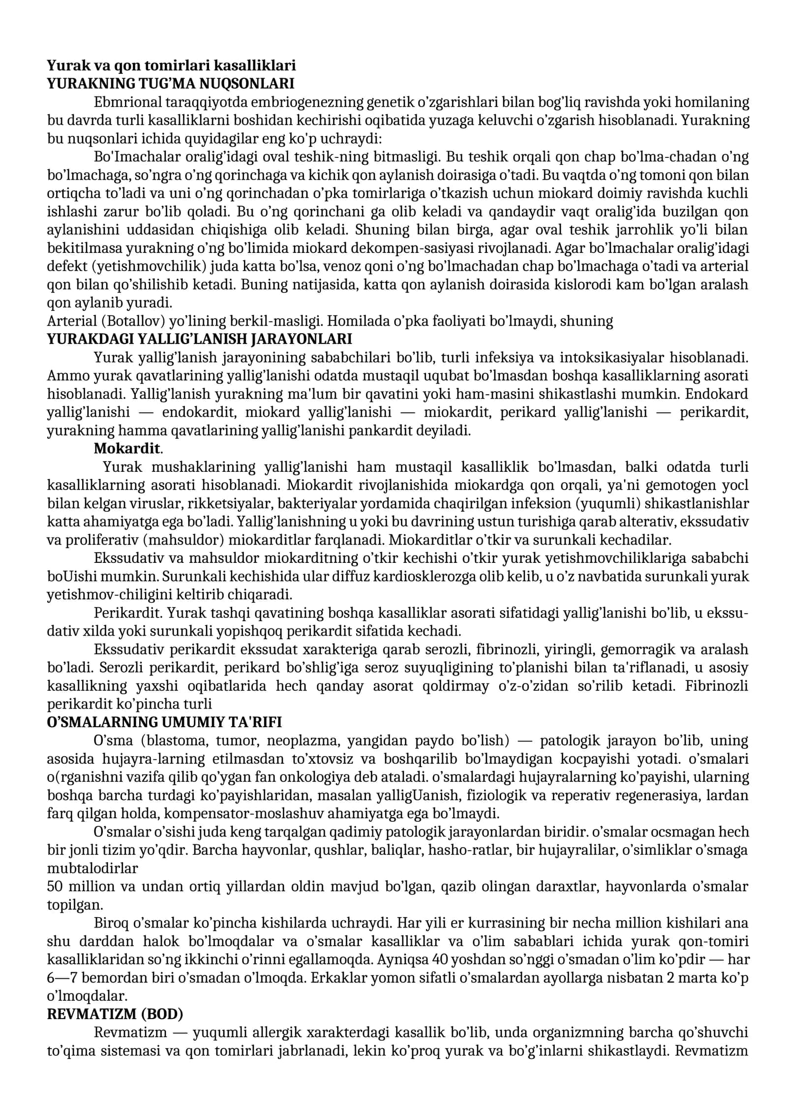 Yurak va qon tomirlari kasalliklari. YURAKNING TUG’MA NUQSONLARI 1