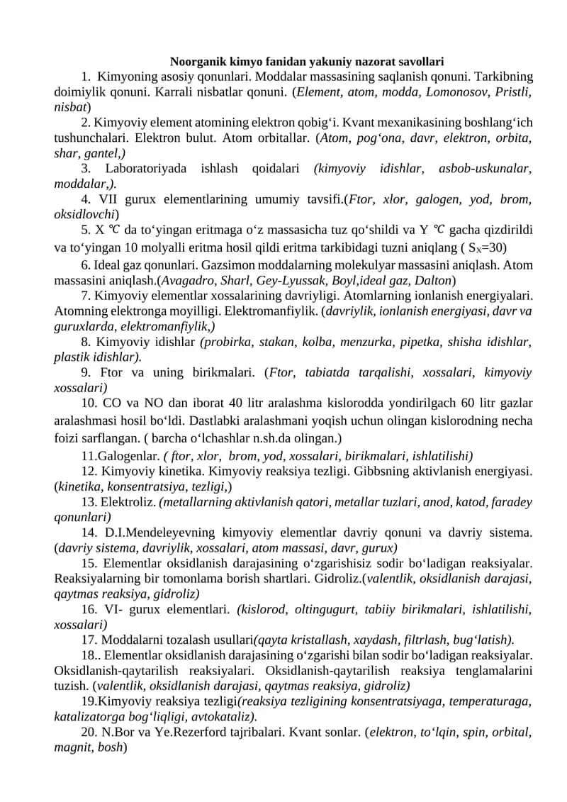 Noorganik kimyo fanidan yakuniy nazorat savollari 1