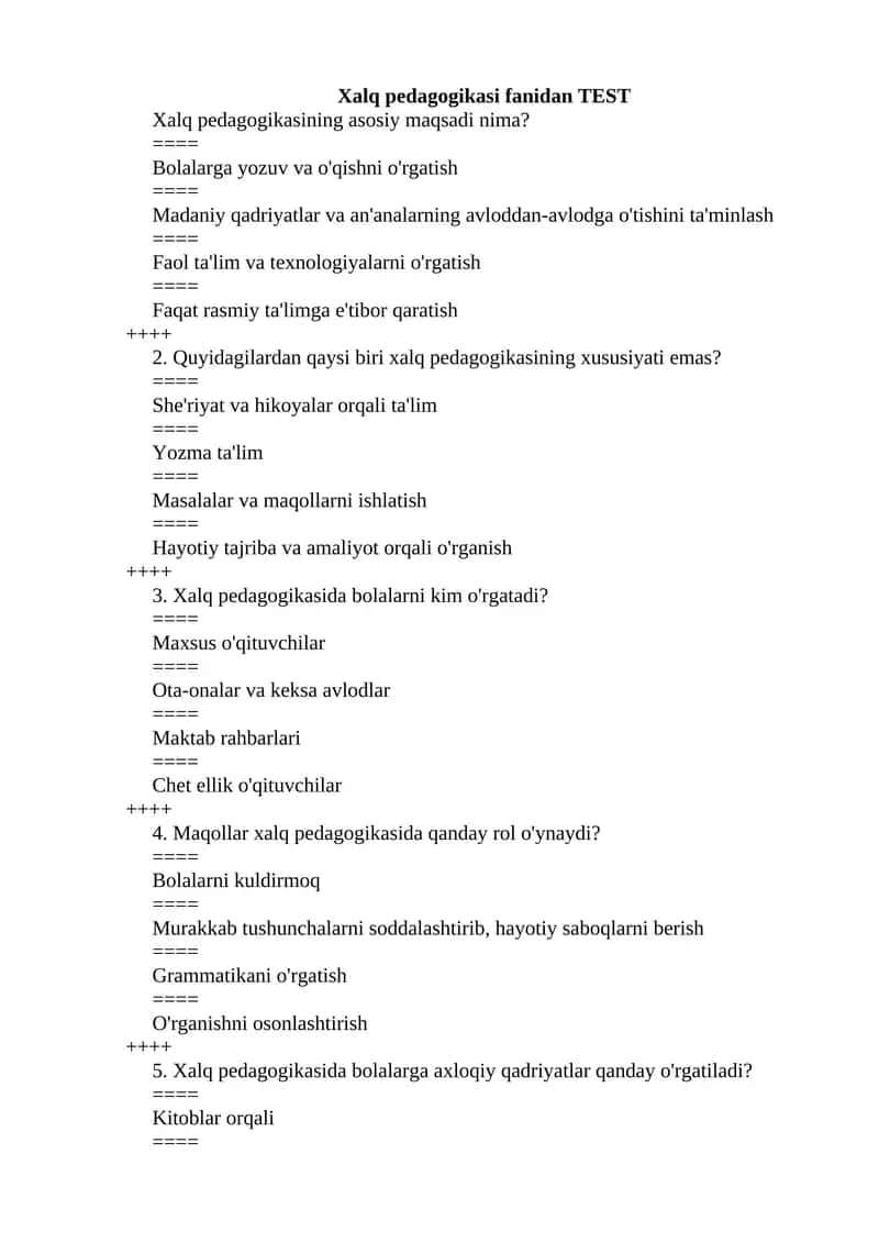 Xalq pedagogikasi fanidan TEST 1