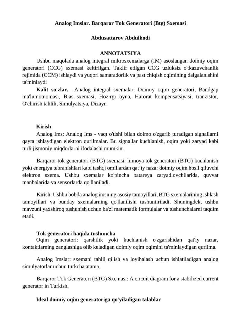 Barqaror Tok Generatori (BTG) Sxemasi 1