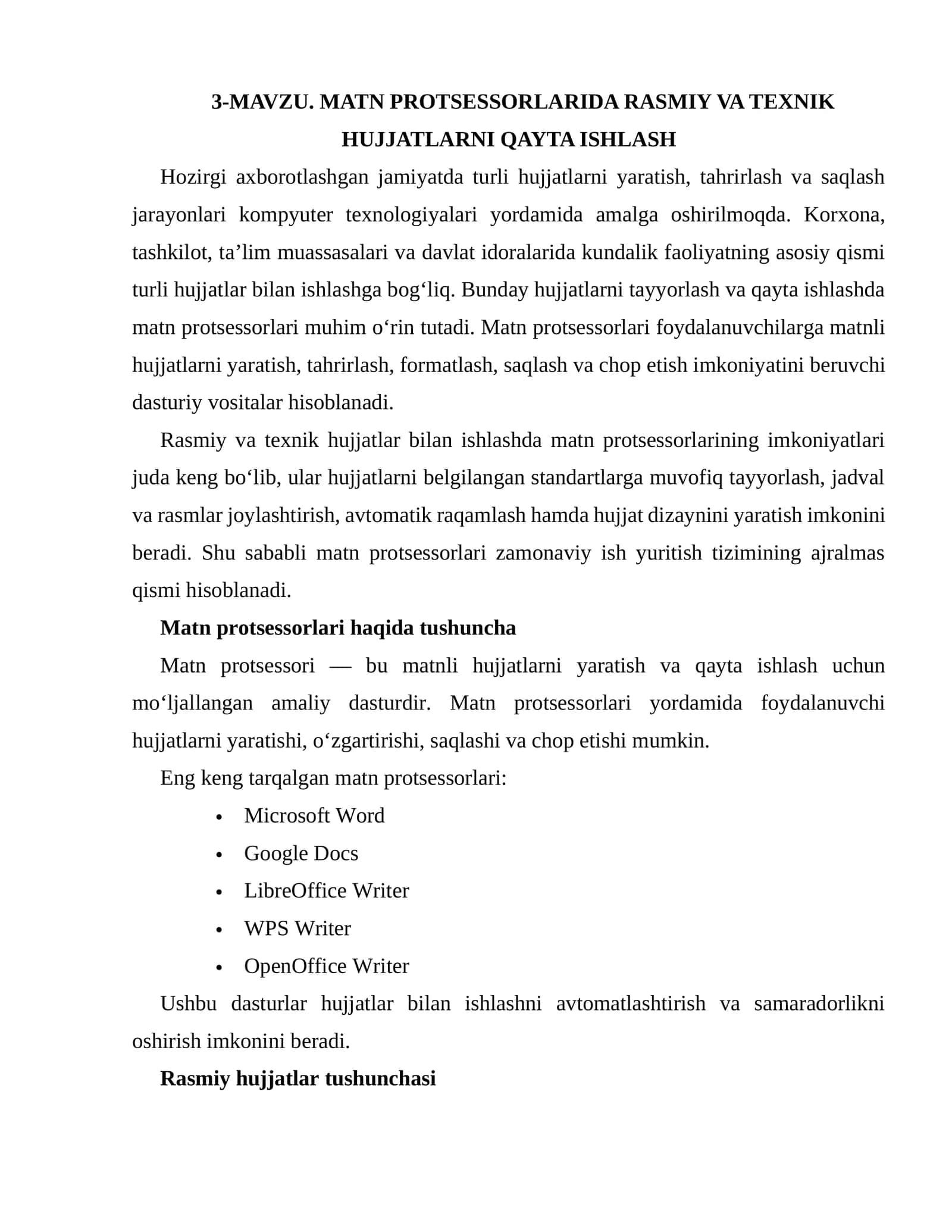 MATN PROTSESSORLARIDA RASMIY VA TEXNIK HUJJATLARNI QAYTA ISHLASH 1
