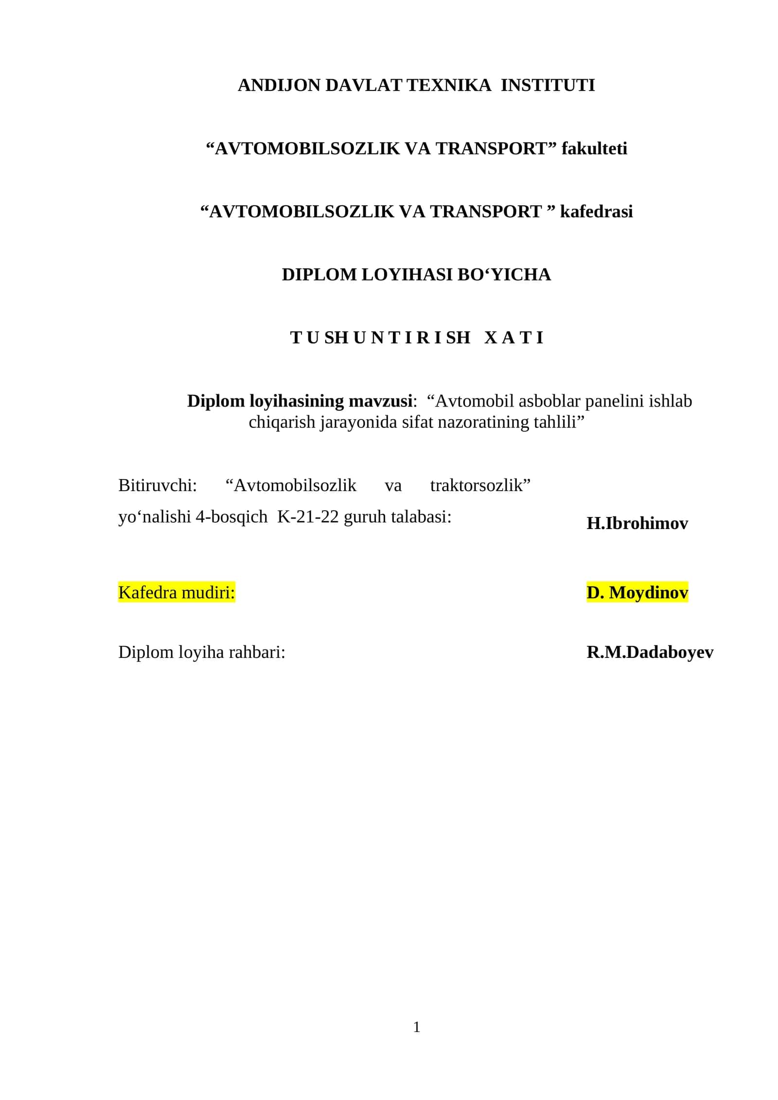 "DIPLOM LOYIHASI BO'YICHA TUSHUNTIRISH XATI" 1