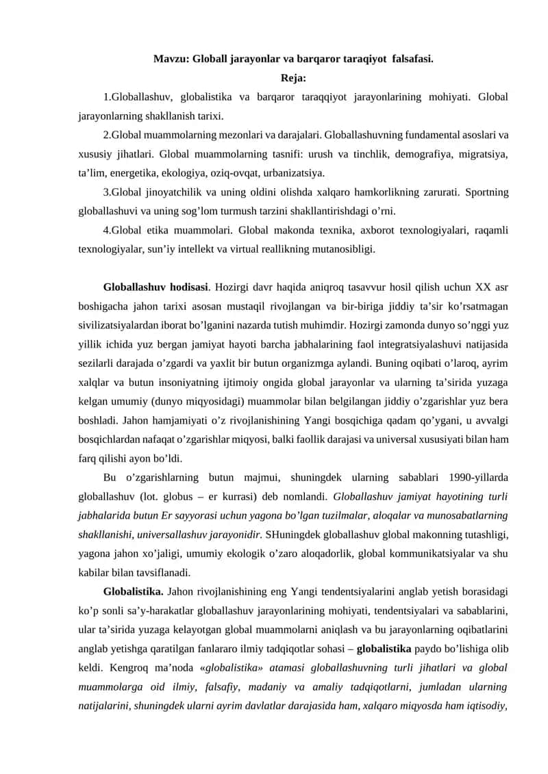 Globall jarayonlar va barqaror taraqiyot falsafasi 1