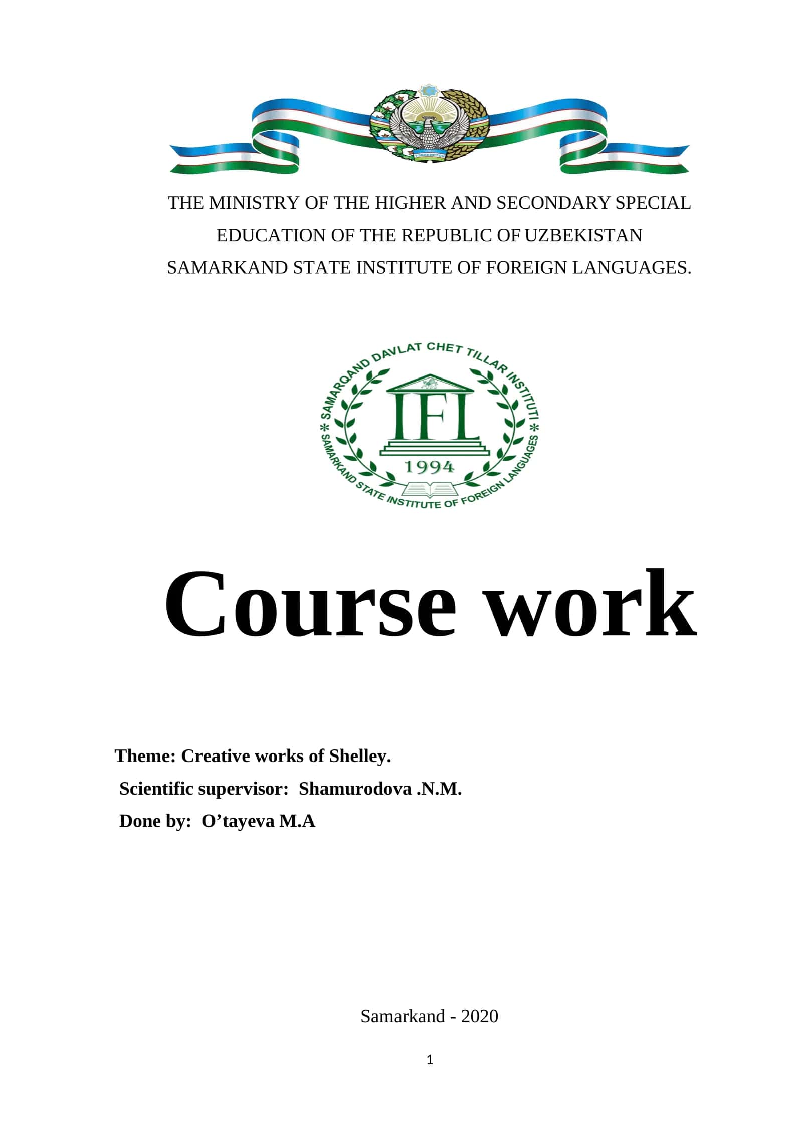 Course work on Creative works of Shelley 1