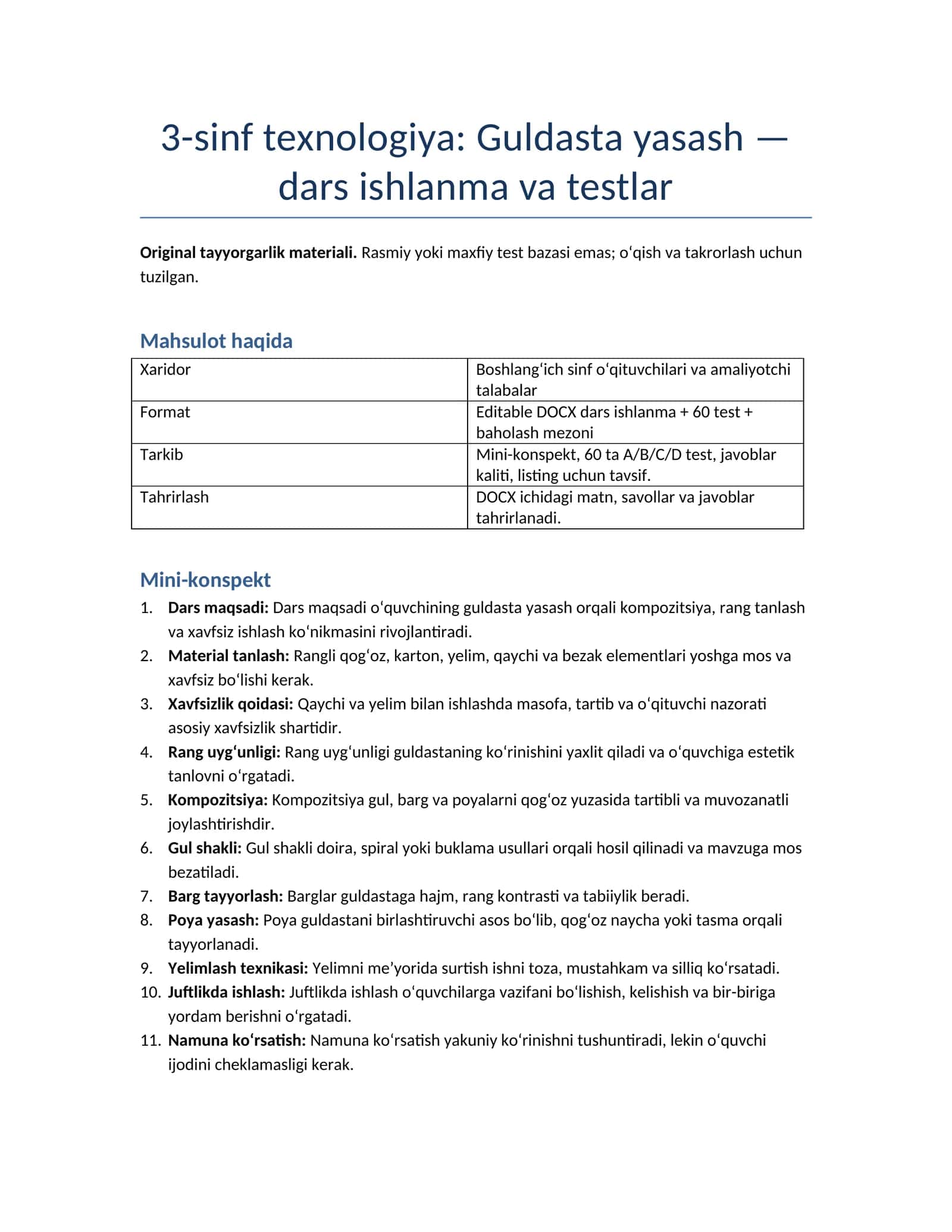 3-sinf texnologiya: Guldasta yasash — dars ishlanma va testlar 1