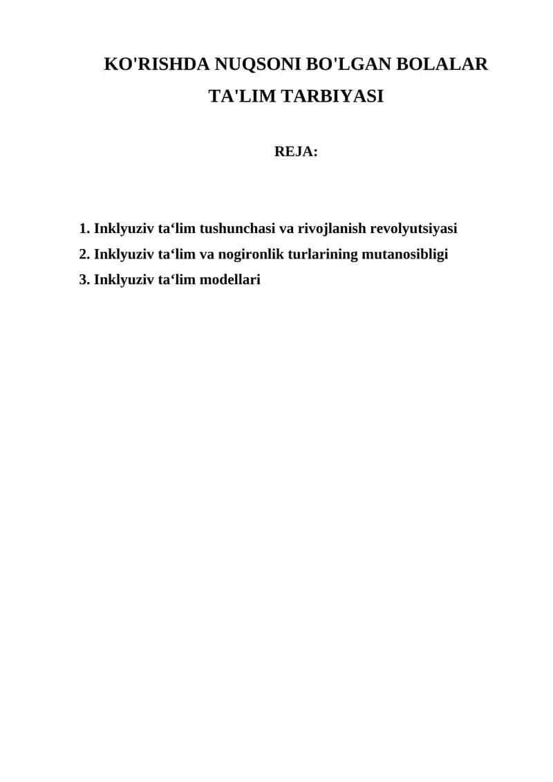 KO'RISHDA NUQSONI BO'LGAN BOLALAR TA'LIM TARBIYASI 1