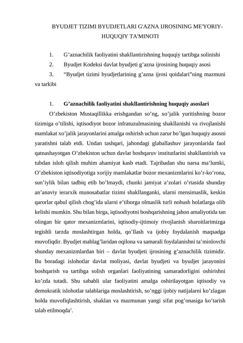BYUDJET TIZIMI BYUDJETLARI G'AZNA IJROSINING ME'YORIY-HUQUQIY TA'MINOTI 1