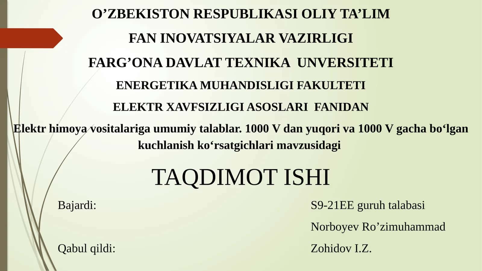 Elektr Xavfsizligi Asoslari Taqdimoti 1