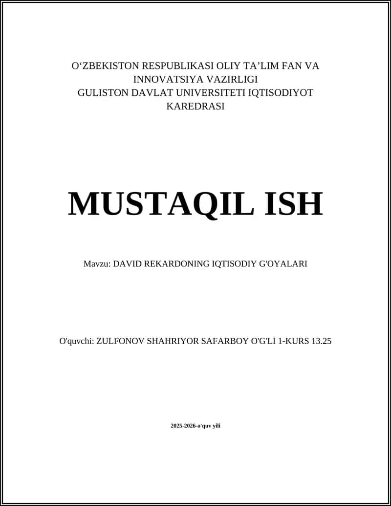 DAVID REKARDONING IQTISODIY G'OYALARI 1