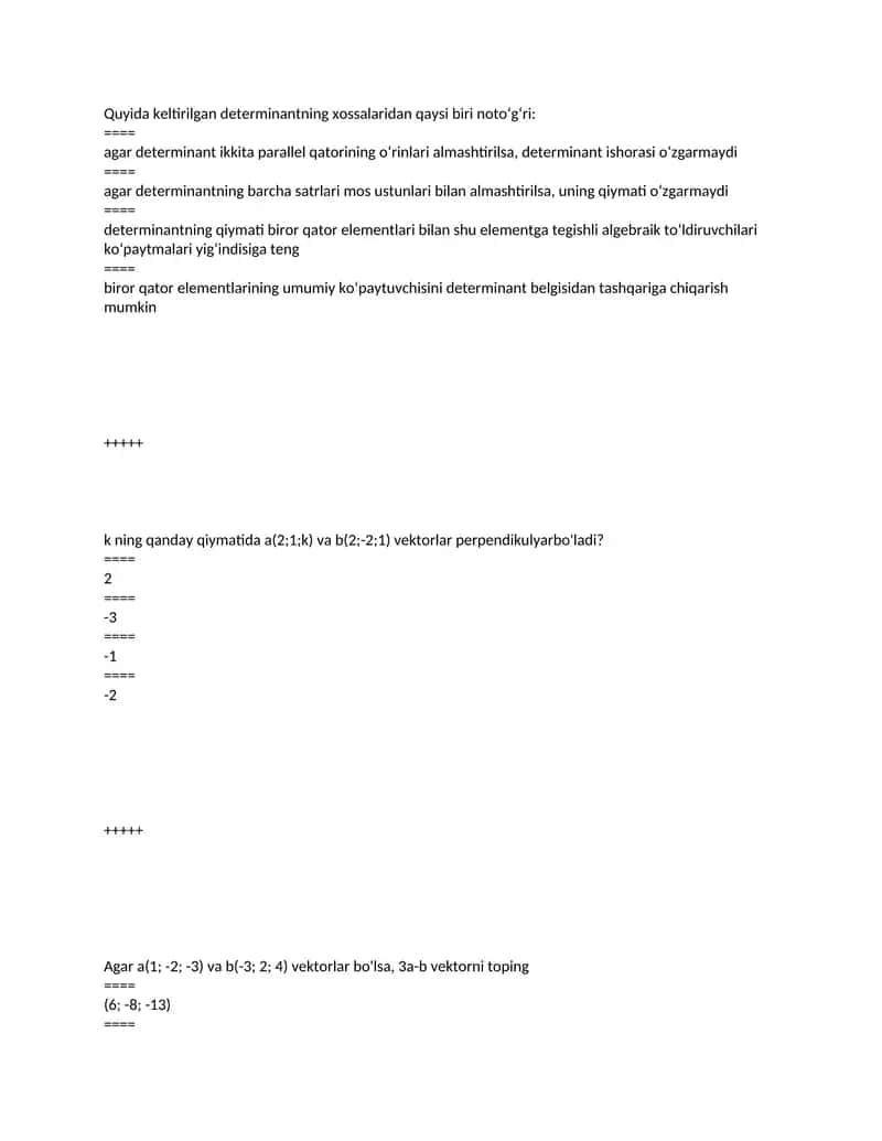 Noto'g'ri determinantning xossalari 1