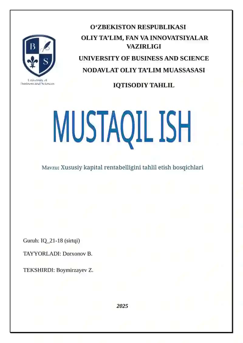 Xususiy kapital rentabelligini tahlil etish bosqichlari