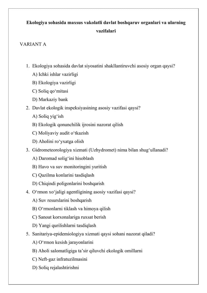 Ekologiya sohasida maxsus vakolatli davlat boshqaruv organlari va ularning vazifalari 1