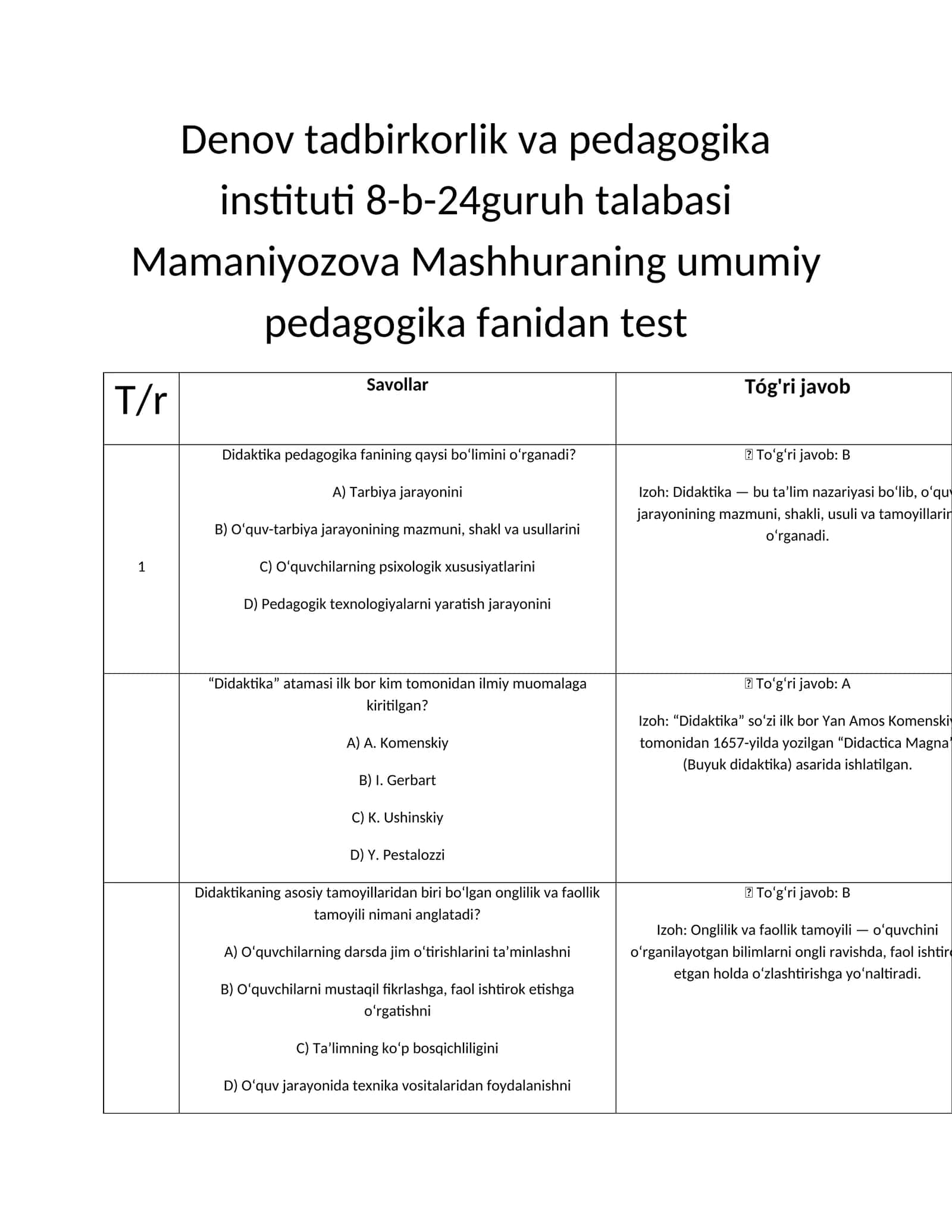 Umumiy pedagogika fanidan test 1