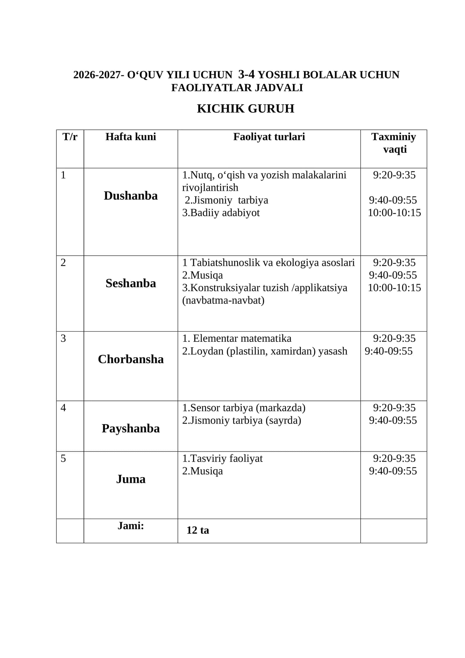 3-4 YOSHLI BOLALAR UCHUN FAOLIYATLAR JADVALI 2026-2027 O‘QUV YILI UCHUN 1