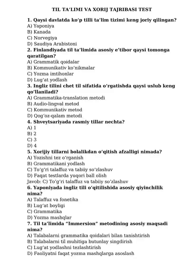 TIL TA’LIMI VA XORIJ TAJRIBASI TEST 1