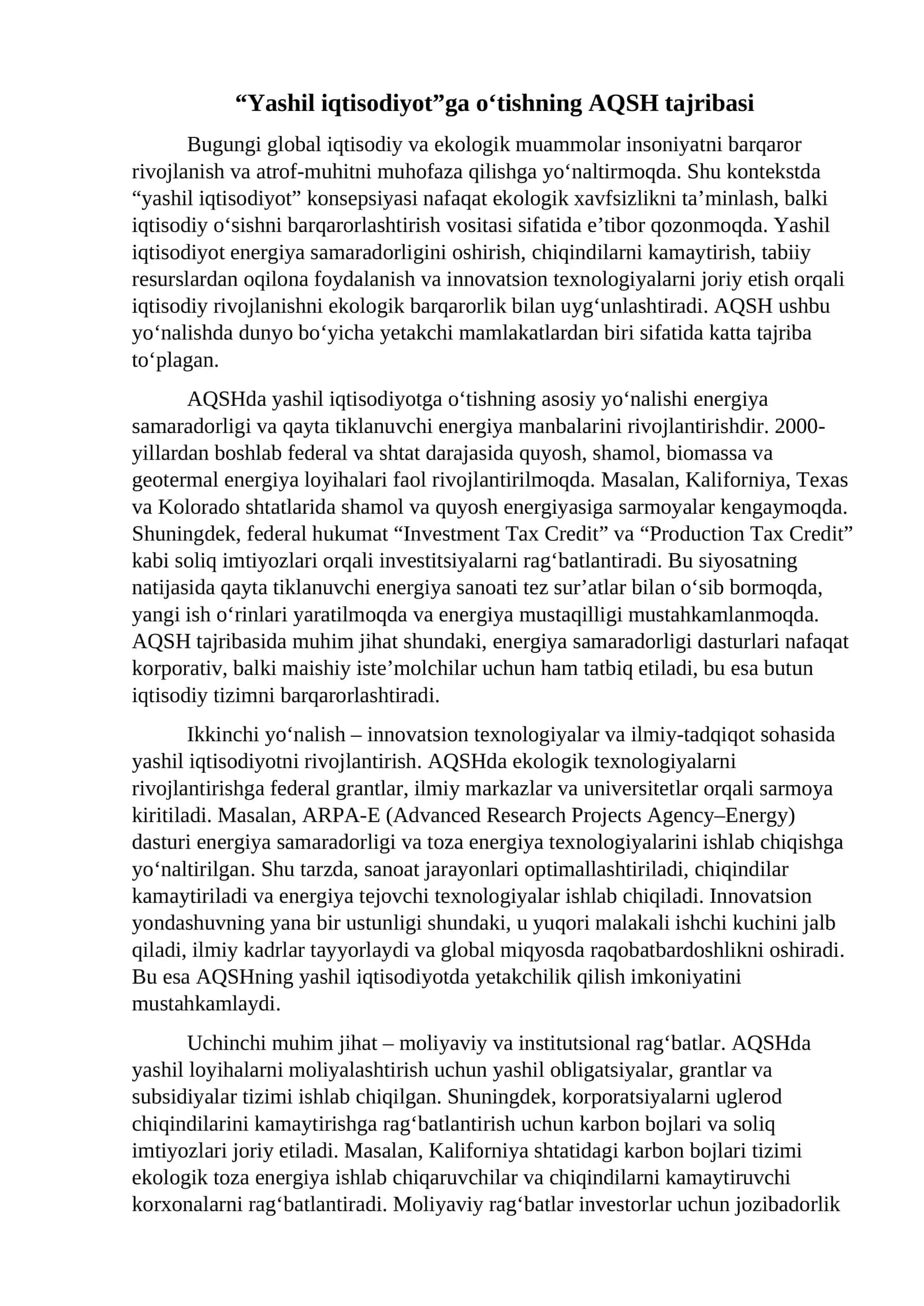 Yashil iqtisodiyot”ga o'tishning AQSH tajribasi 1
