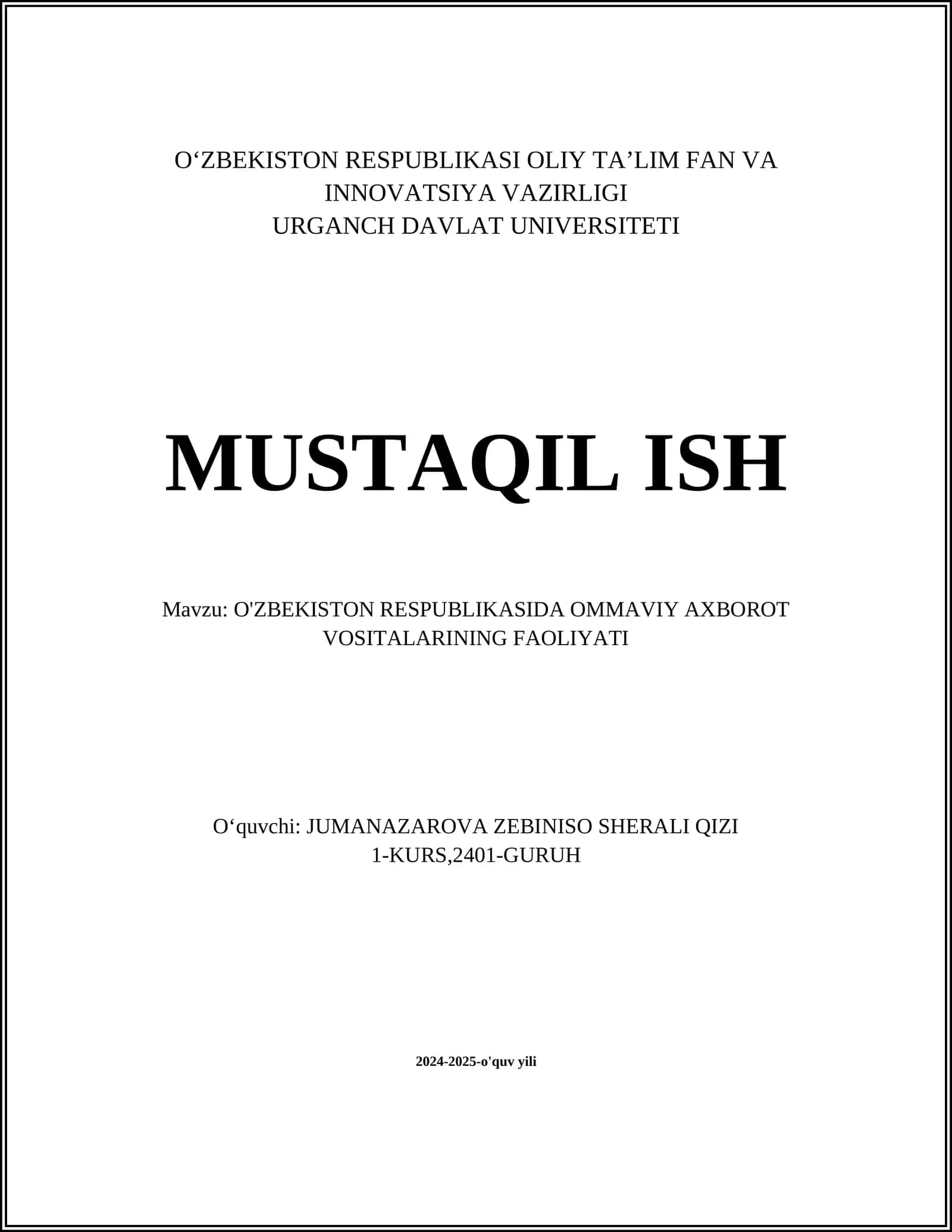 O'ZBEKISTON RESPUBLIKASIDA OMMAVIY AXBOROT VOSITALARINING FAOLIYATI 1