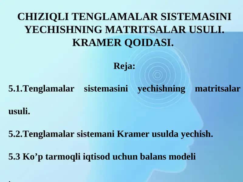 CHIZIQLI TENGLAMALAR SISTEMASINI YECHISHNING MATRITSALAR USULI. KRAMER QOIDASI 1