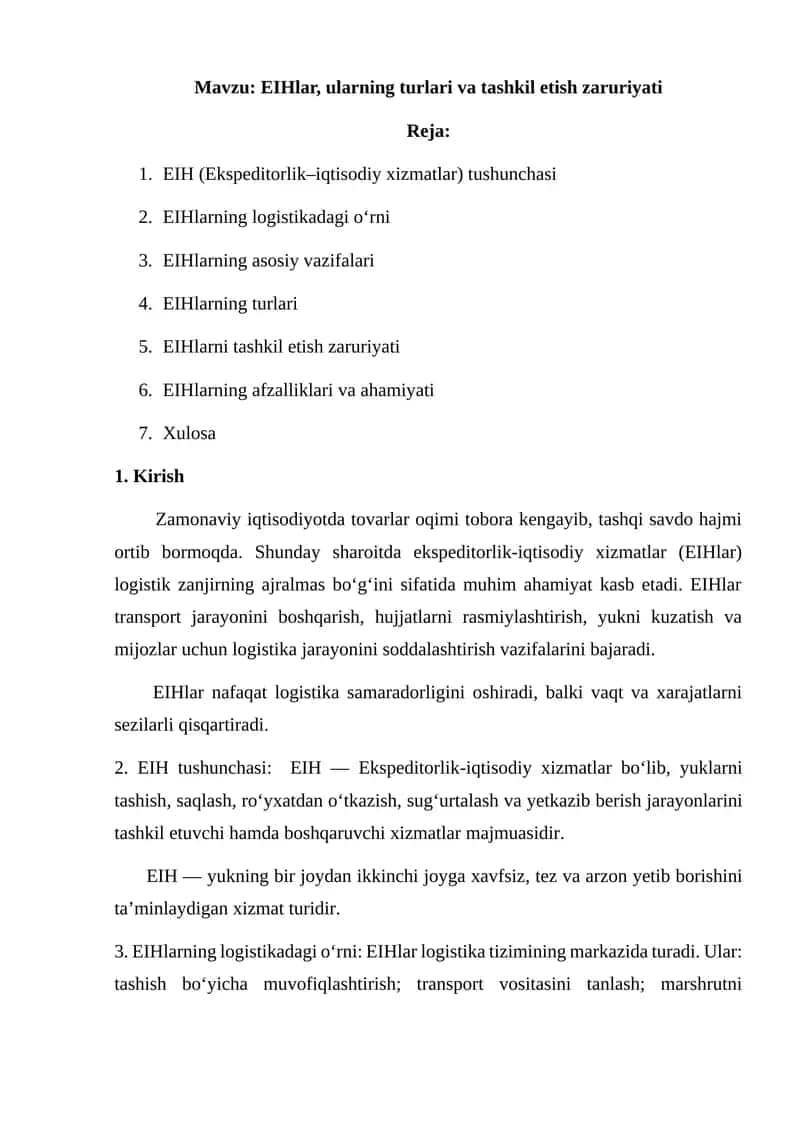 EIHlar, ularning turlari va tashkil etish zaruriyati 1