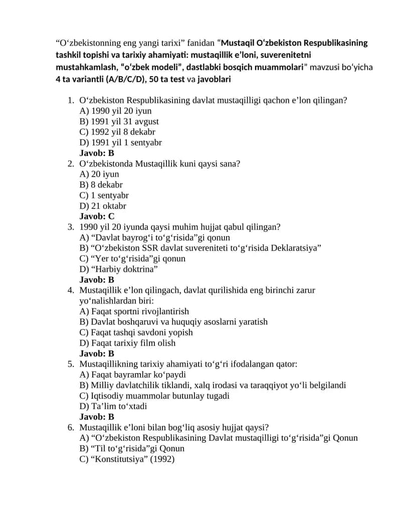 Oʻzbekistonning eng yangi tarixi 4-test 1