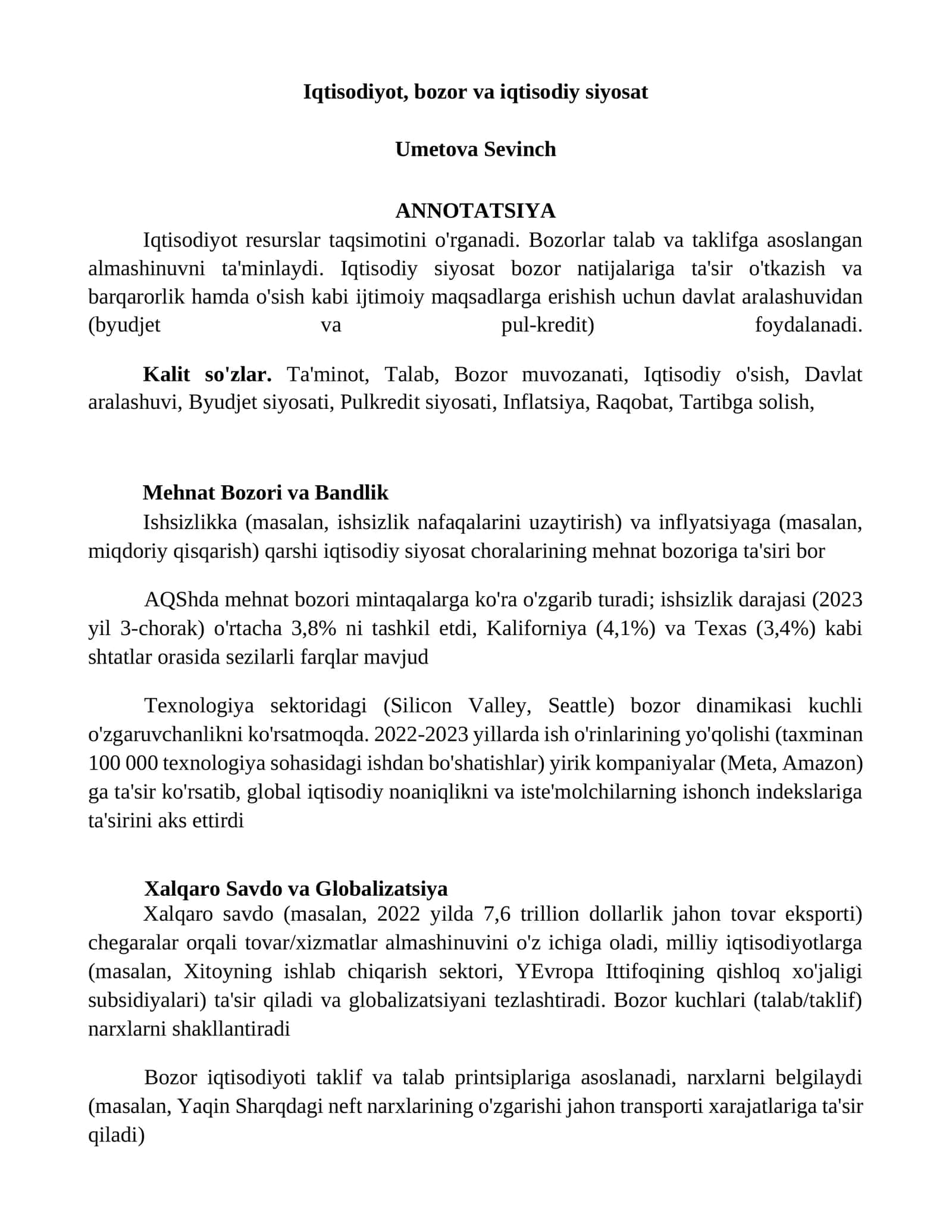 Bozorlar va Iqtisodiy Siyosat 1
