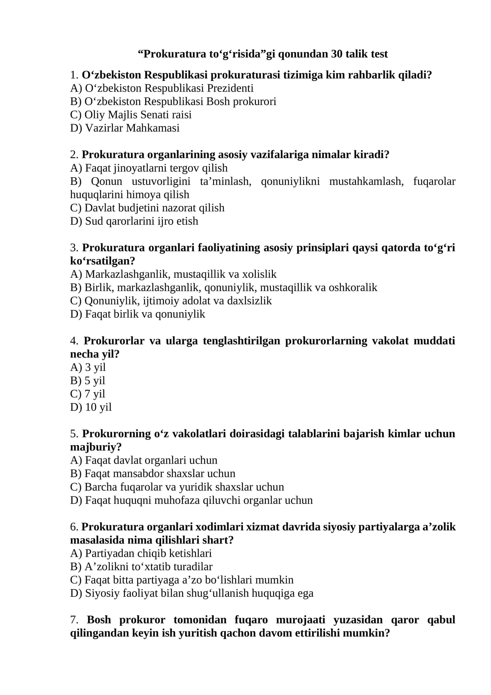 Prokuratura to‘g‘risidagi qonun bo‘yicha testlar 1