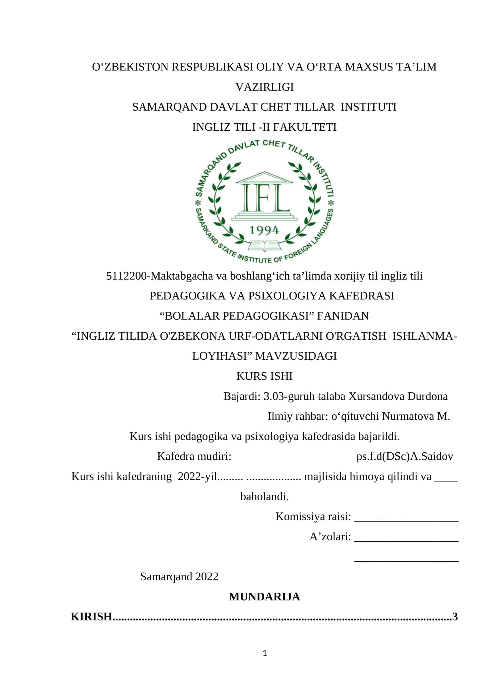 INGLIZ TILIDA O'ZBEKONA URF-ODATLARNI O'RGATISH ISHLANMA-LOYIHASI 1