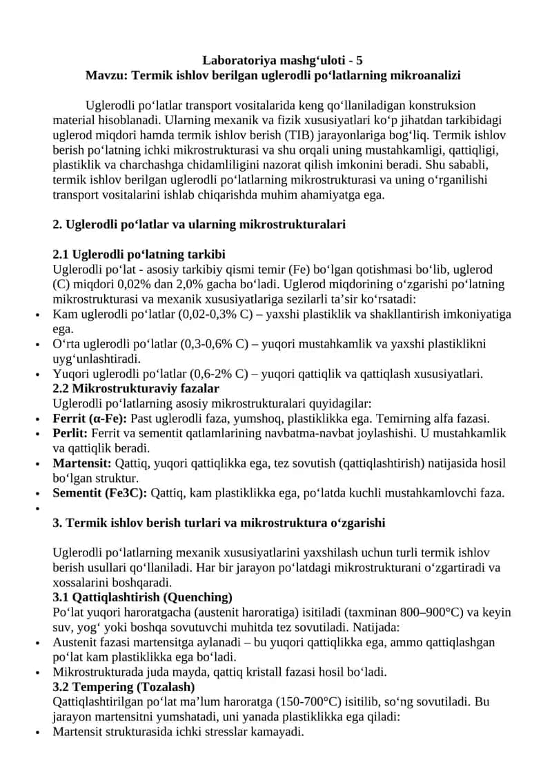 Termik ishlov berilgan uglerodli po‘latlarning mikroanalizi 1