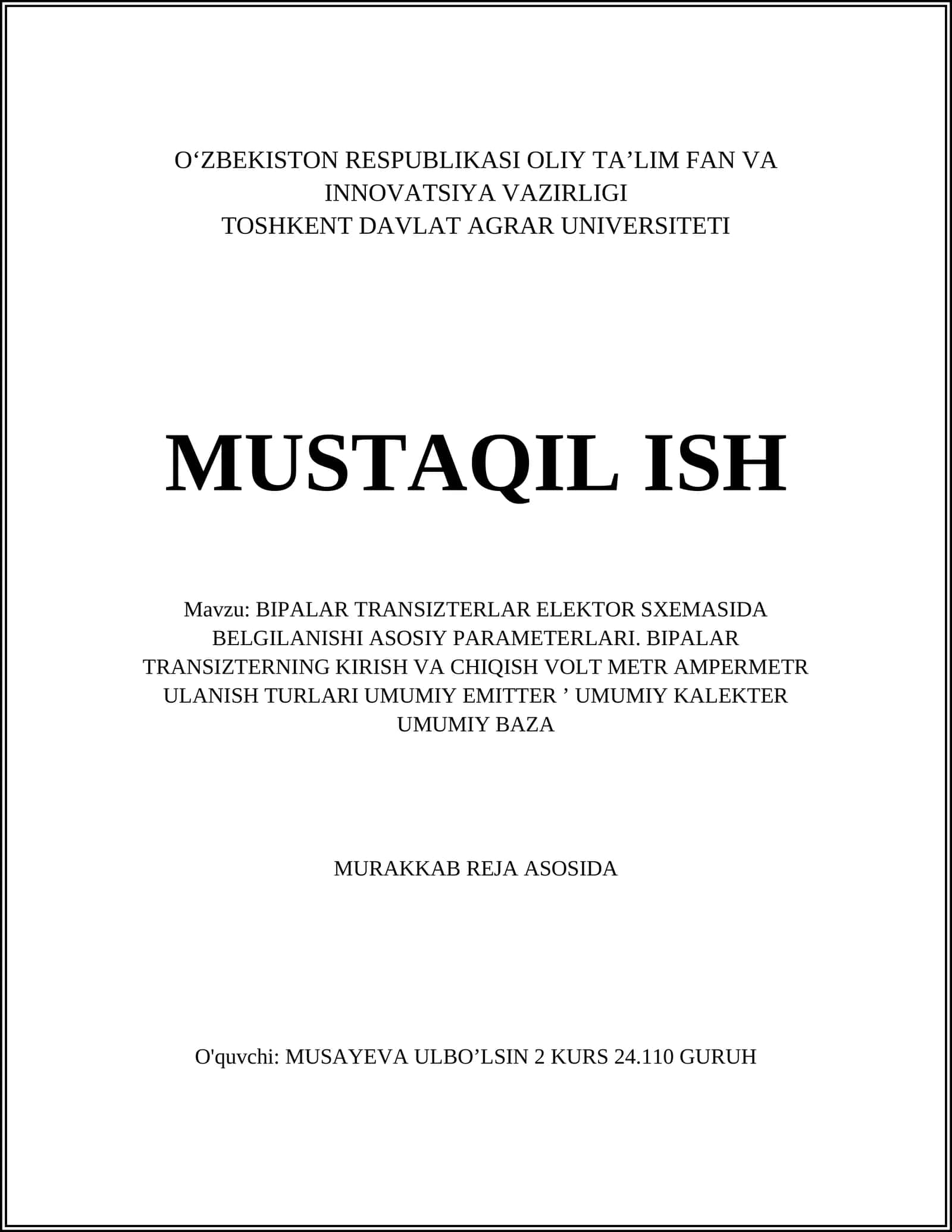 BIPALAR TRANSIZTERLAR ELEKTOR SXEMASIDA BELGILANISHI ASOSIY PARAMETERLARI 1