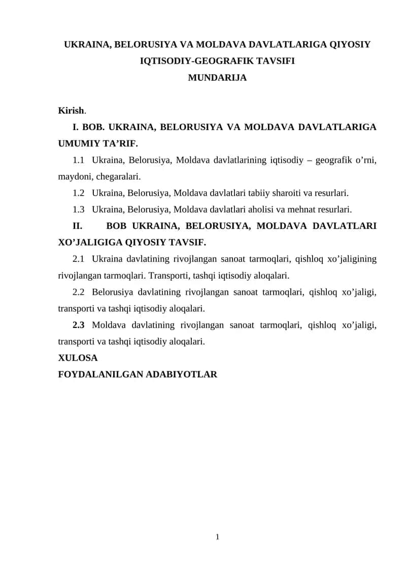 Ukraina, Belorusiya va Moldava Davlatlariga Qiyosiy Iqtisodiy-Geografik Tavsifi 1