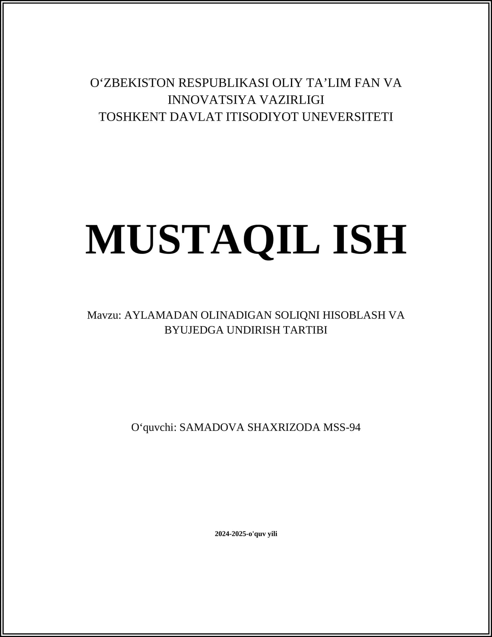 AYLAMADAN OLINADIGAN SOLIQNI HISOBLASH VA BYUJEDGA UNDIRISH TARTIBI 1