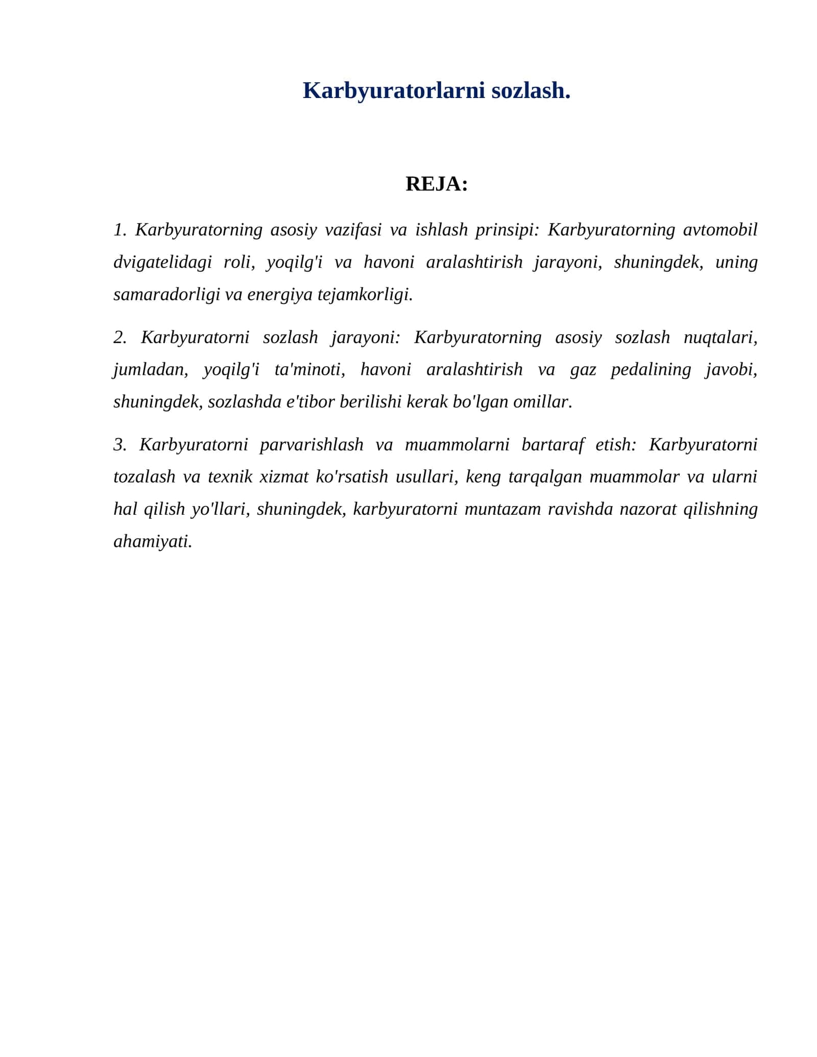 Karbyuratorlarni sozlash. 1