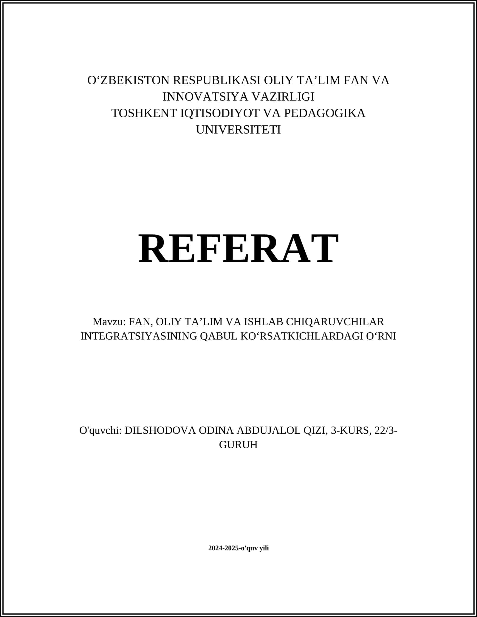 TOSHKENT IQTISODIYOT VA PEDAGOGIKA UNIVERSITETI REFERAT 1