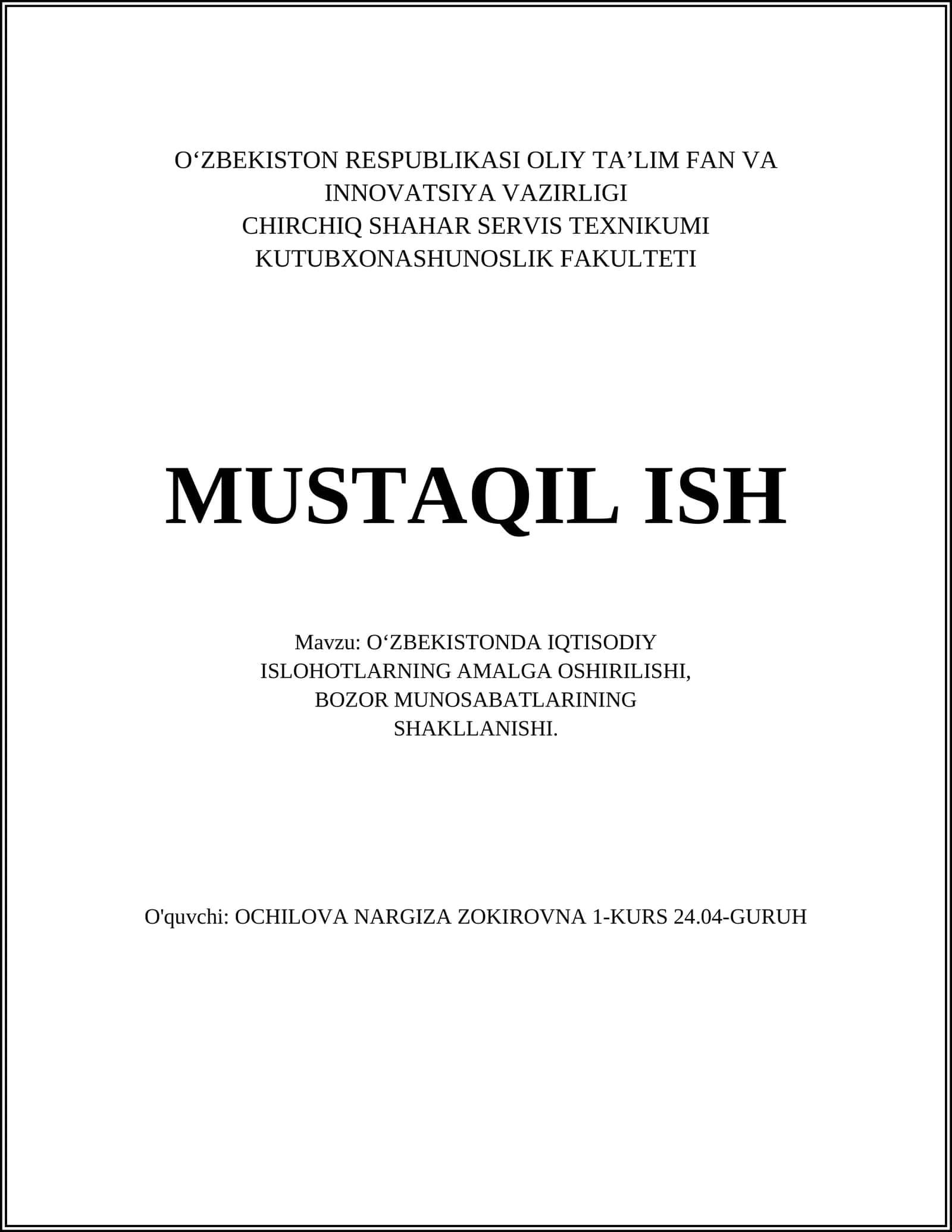O‘ZBEKISTONDA IQTISODIY ISLOHOTLARNING AMALGA OSHIRILISHI 1