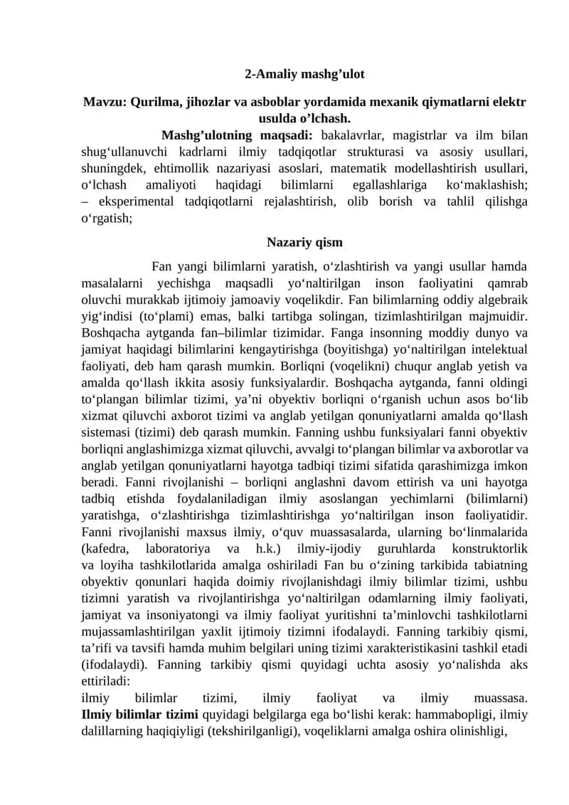 Qurilma, jihozlar va asboblar yordamida mexanik qiymatlarni elektr usulda o’lchash 1