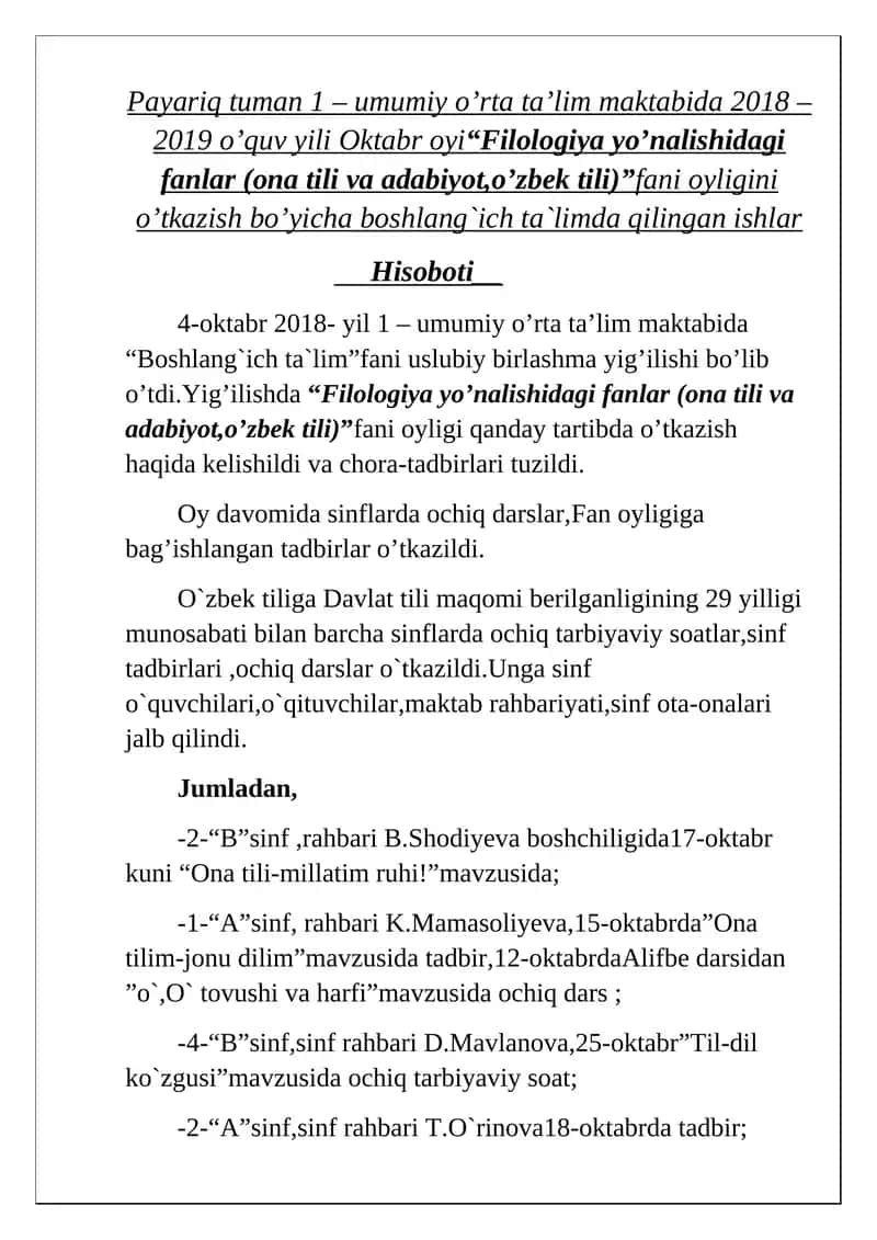 Filologiya yo'nalishidagi fanlar (ona tili va adabiyot, o'zbek tili) 1