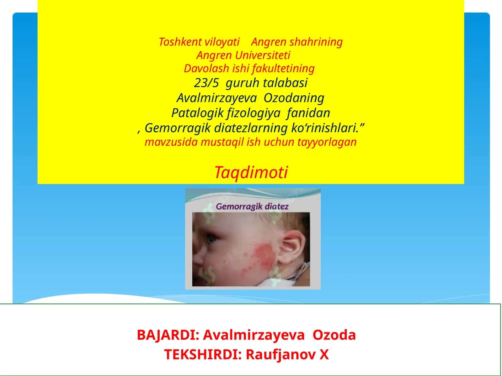 Angren Universiteti Davolash ishi fakulteti - Patalogik fizologiya fanidan 1