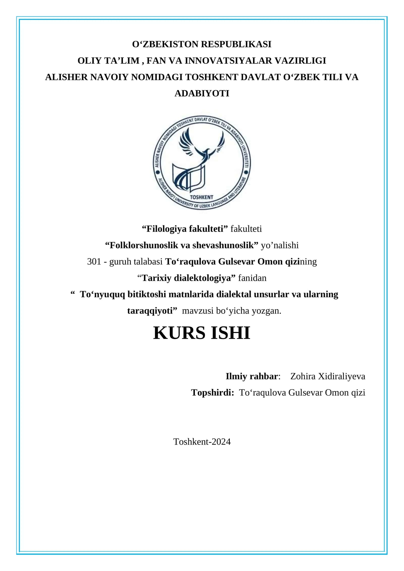 “  Toʻnyuquq bitiktoshi matnlarida dialektal unsurlar va ularning taraqqiyoti”  mavzusi bo‘yicha yozgan. 1
