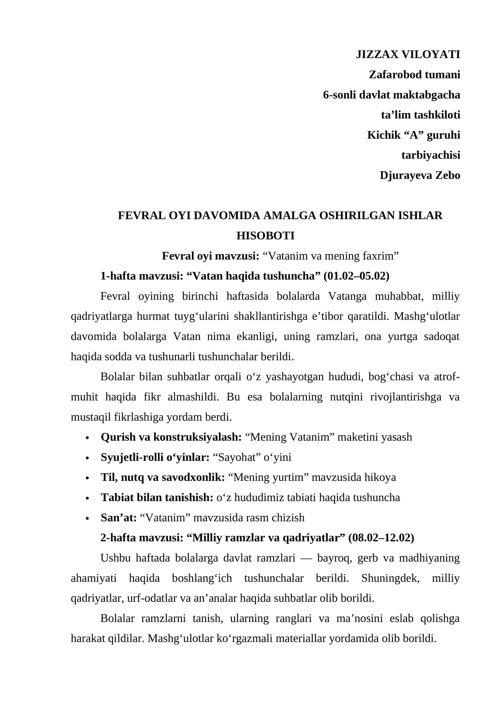 Maktabgacha ta'lim tarbiyachisi uchun Fevral hisoboti 1