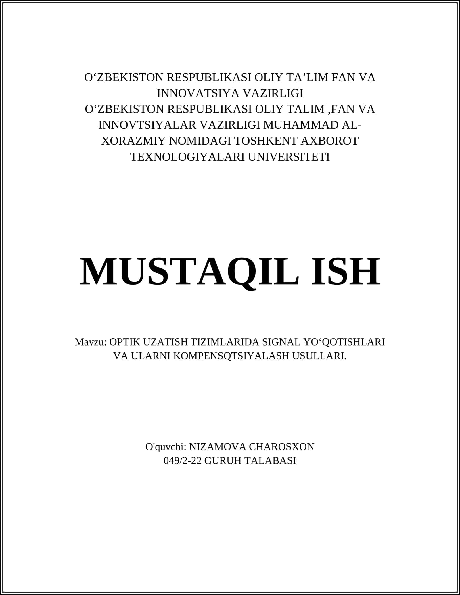 OPTIK UZATISH TIZIMLARIDA SIGNAL YO'QOTISHLARI VA ULARNI KOMPENSQTSIYALASH USULLARI 1
