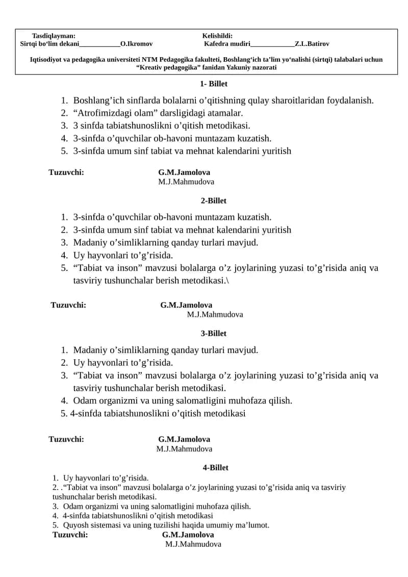 “Kreativ pedagogika” fanidan Yakuniy nazorati 1