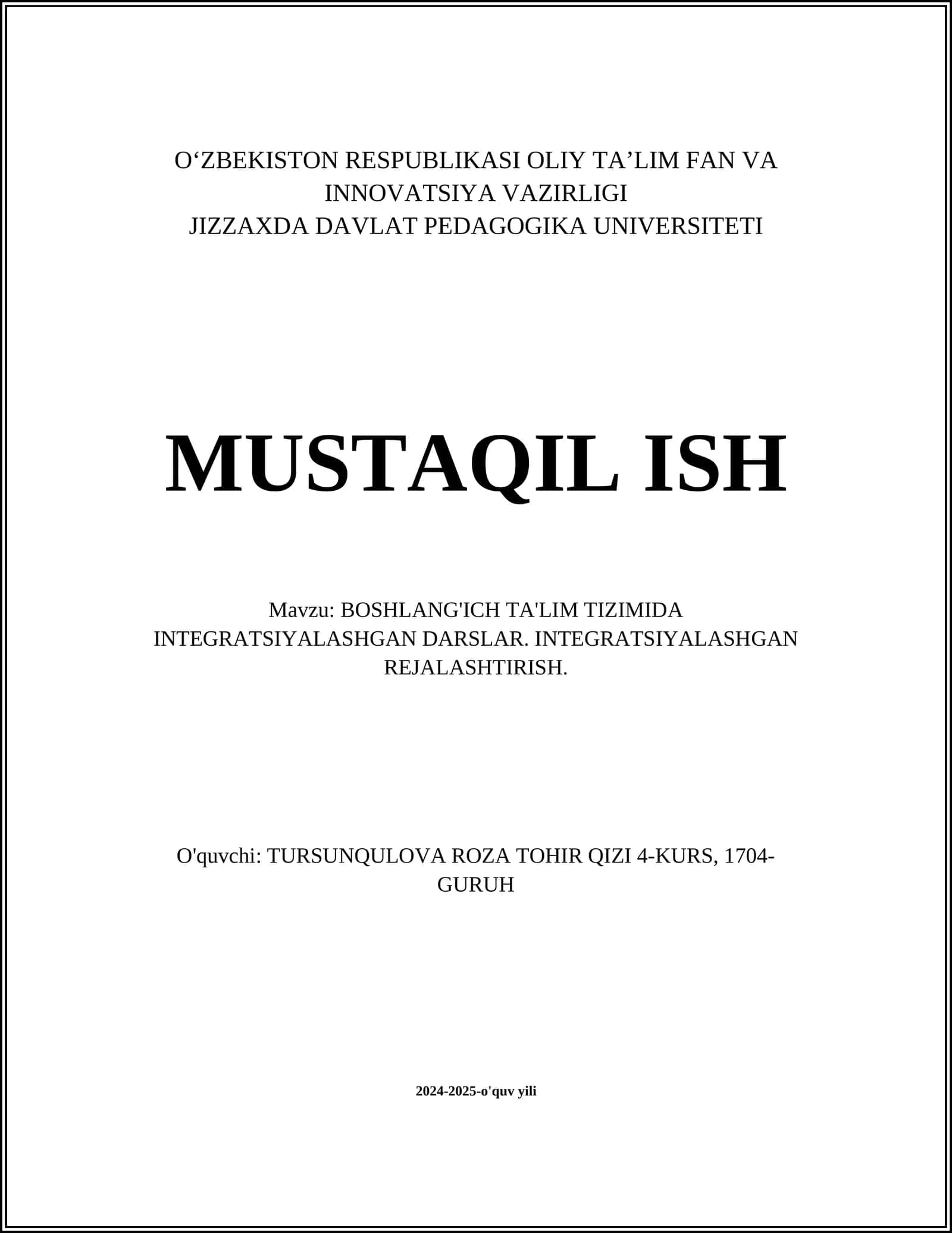 BOSHLANG'ICH TA'LIM TIZIMIDA INTEGRATSIYALASHGAN DARSLAR 1