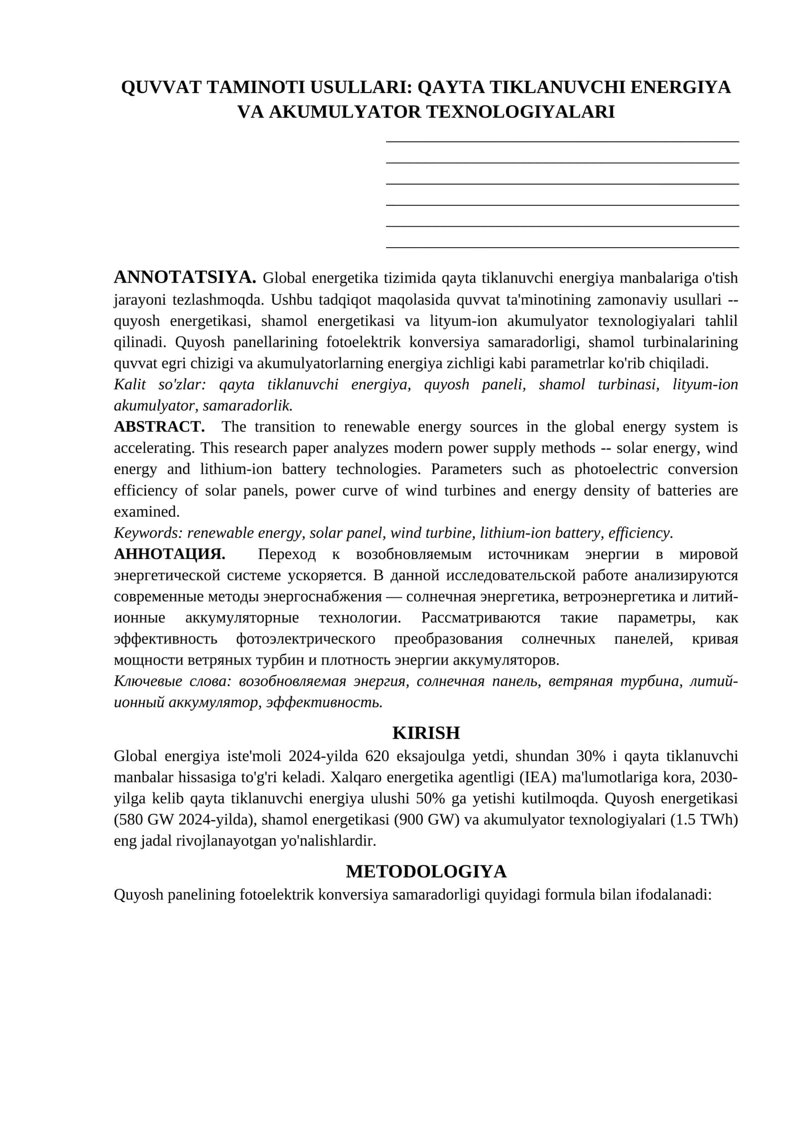 QUVVAT TAMINOTI USULLARI: QAYTA TIKLANUVCHI ENERGIYA VA AKUMULYATOR TEXNOLOGIYALARI 1