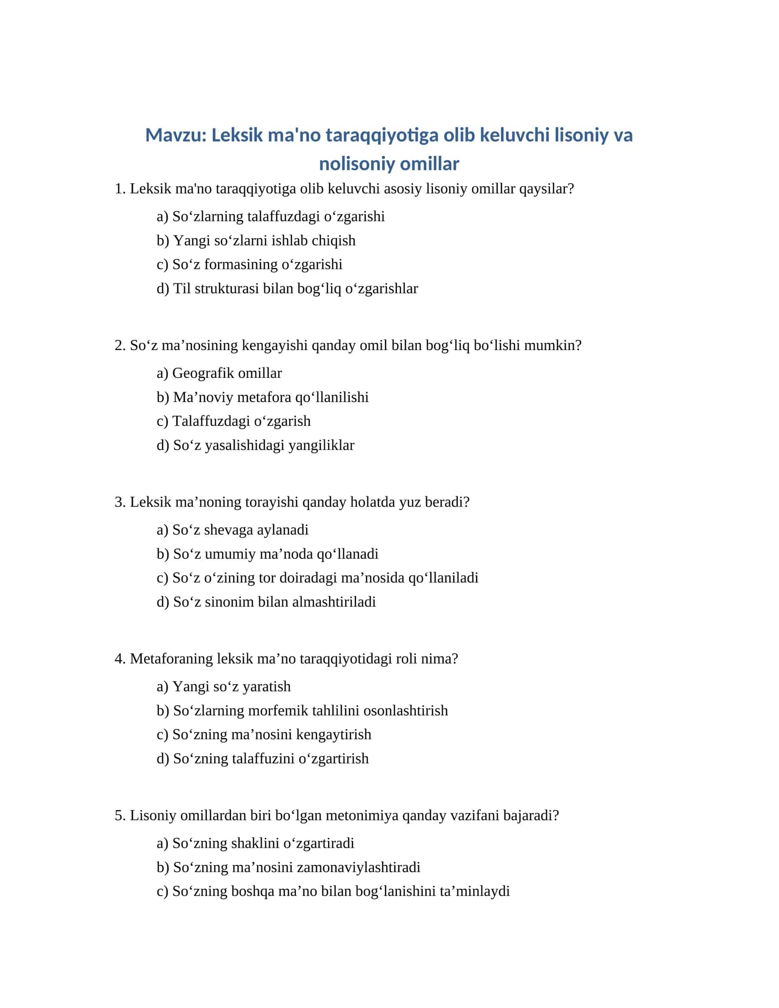 Leksik ma'no taraqqiyotiga olib keluvchi lisoniy va nolisoniy omillar 1