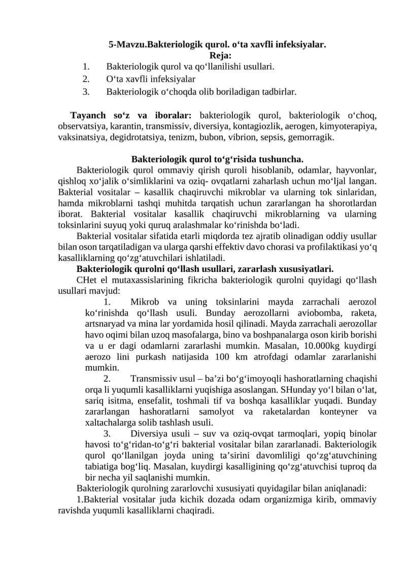 Bakteriologik qurol. о‘ta xavfli infeksiyalar 1