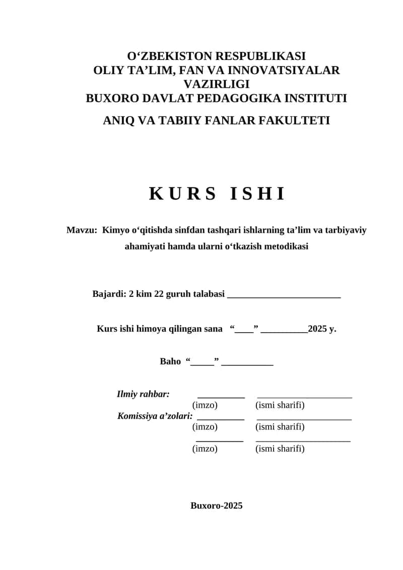 Kimyo o‘qitishda sinfdan tashqari ishlarning ta’lim va tarbiyaviy ahamiyati hamda ularni o‘tkazish metodikasi 1